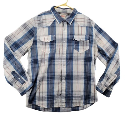 LEVIS Shirt Men's Long Sleeve Button Up Western Pearl Snap Up Plaid Blue 2XL