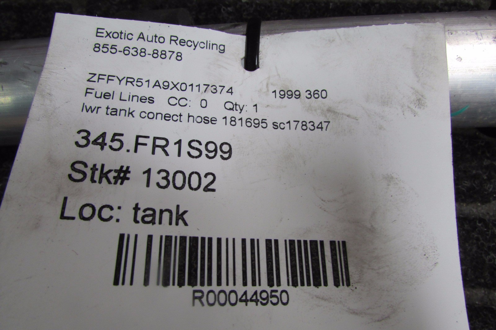 Ferrari 360 Lower Fuel Tank Connecting Hose, Used, P/N 181695