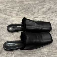 Proenza Schouler black leather shearling trap slippers mules 37