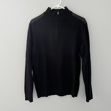 Michael Kors Sweater Mens Medium Black Ribbed Knit Trim Quarter Zip Mock Neck