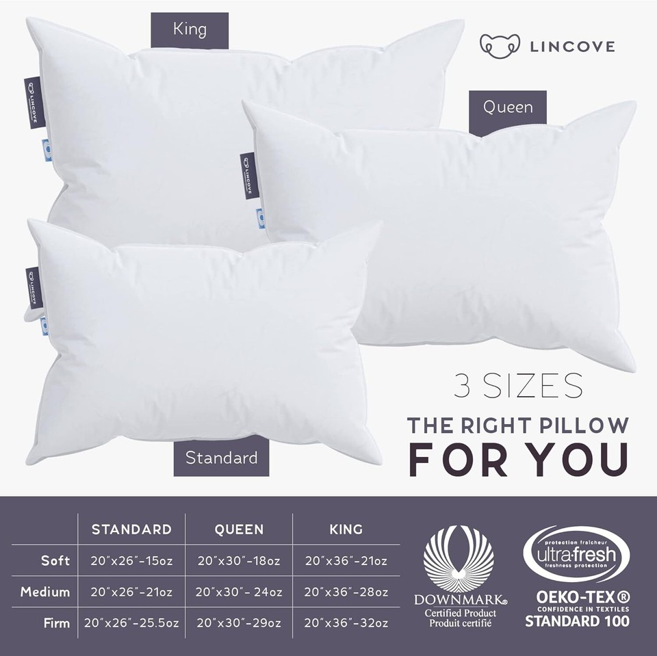 Lincove Cloud Natural Canadian White Down Luxury Sleeping Pillow 625