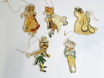VTG Shackman Dicken's Kittens Cardboard Die Cut Christmas Ornaments Set of FIVE