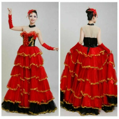 Damen Rüschen Lagen Tanzkleid Swing Flamenco Walzer Moderne Übung Tanzbekleidung