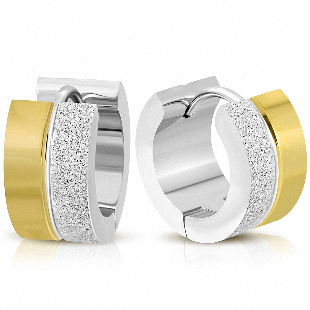 7mm Stainless Steel Two-Tone Sanded Stripe Huggie Earrings