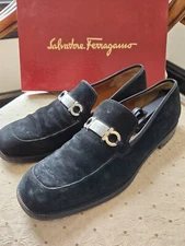 👞 Ferragamo Geneva 2 Black Suede Gancini Loafers 10.5 D - 2002 VTG Luxury! ✨🔥