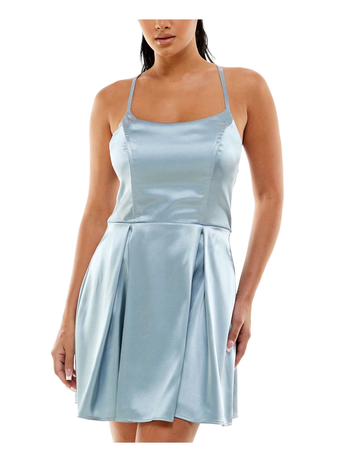 SPEECHLESS Womens Light Blue Strappy-back Satin Tie Mini Dress 13