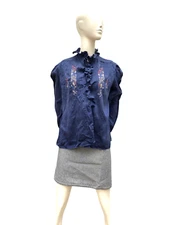 Saint Laurent Paris  Vintage Navy Fringed Silk Top Size 42 fits M