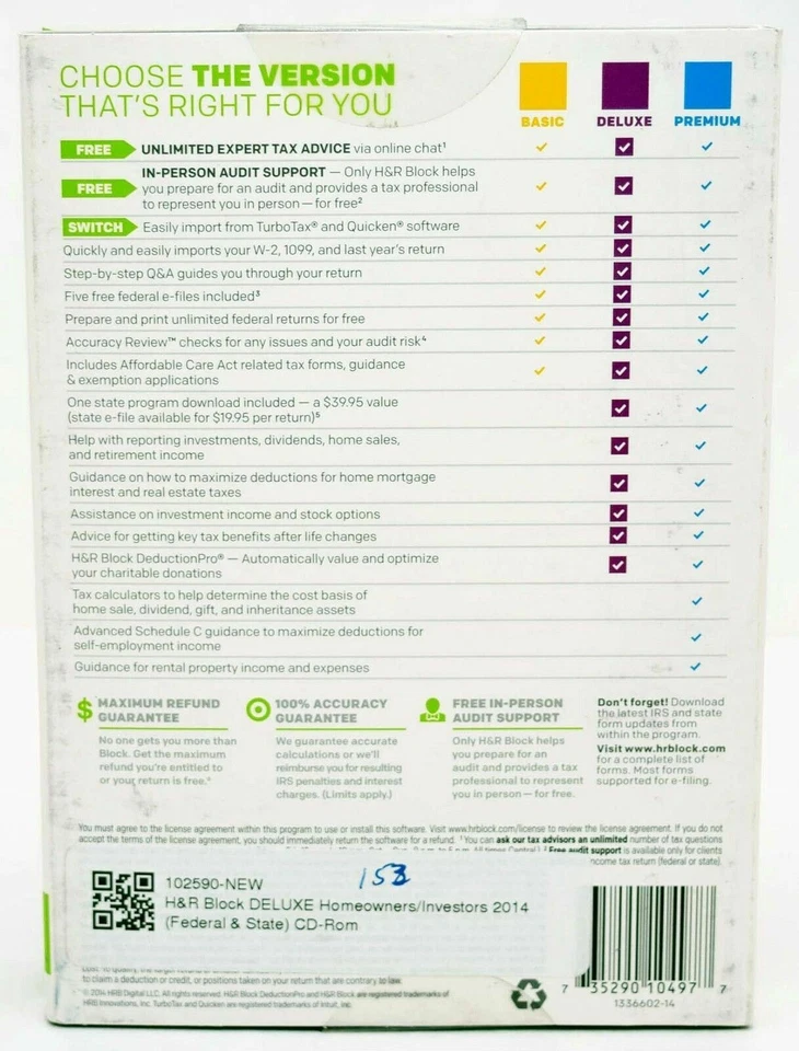SEALED NEW H&R Block 2014 DELUXE Taxes Homeowner/Investor Federal+State tax CD - Image 2 of 4