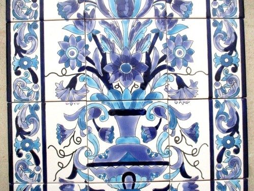 Hand Painted Ceramic tile art mural mosaic vase floral blue BACKSPLASH 18" x 24" - Picture 3 of 7