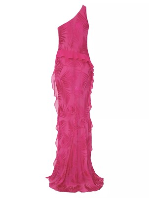 $695 MILLY Ryanna One-shoulder Ruffle Chiffon Devore Gown Dress 6 Pink Palm  | eBay