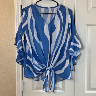 Blue & White Zebra Stripe Flowy Blouse With 3/4 Ruffle Sleeves Tie Front Sz M