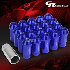 JDM BLUE 20PCS M12X1.5 25MM OD 50MM TALL OPEN END ALUMINUM LUG NUTS+ADAPTER