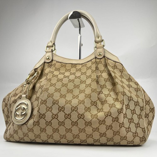 GUCCI Sookie GG Canvas Beige Handbag Vintage Leather Trim Crossbody