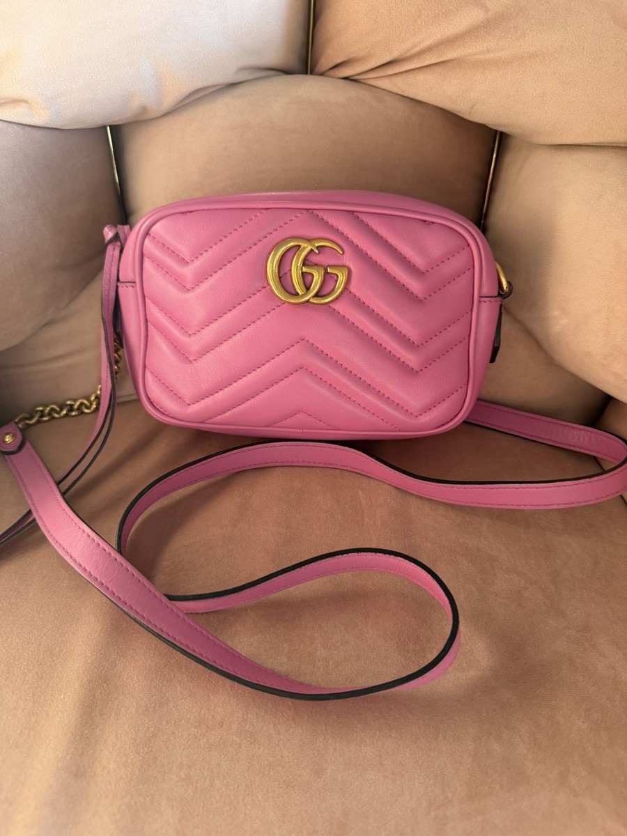Gucci GG Marmont Mini Camera Bag Pink Matelassé Leather Crossbody