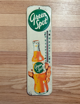 Rare Vintage 1940s Green Spot Beverages Embossed Tin Thermometer
