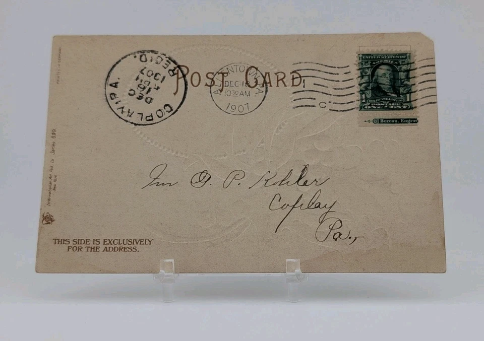 Rare Green 1902 Ben Franklin Stamp Cancelled 12/16/1907 On Christmas Postcard - Image 4 of 4