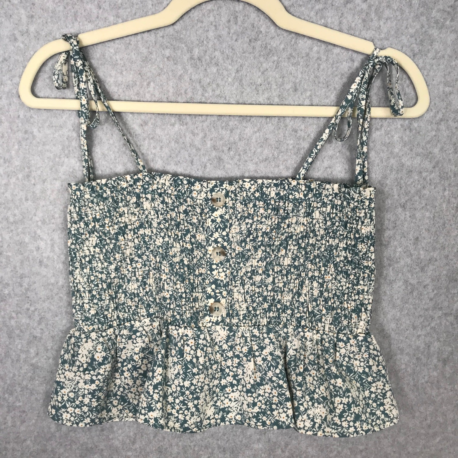Paper Crane Crop Tank Top Small Blue Floral Smocked Tie Strap Cottage Milkmaid