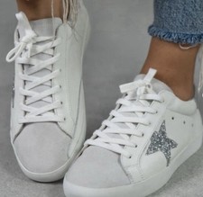 NIB Vintage Havana Carla White Silver Glitter Star Sneakers Womens 7.5