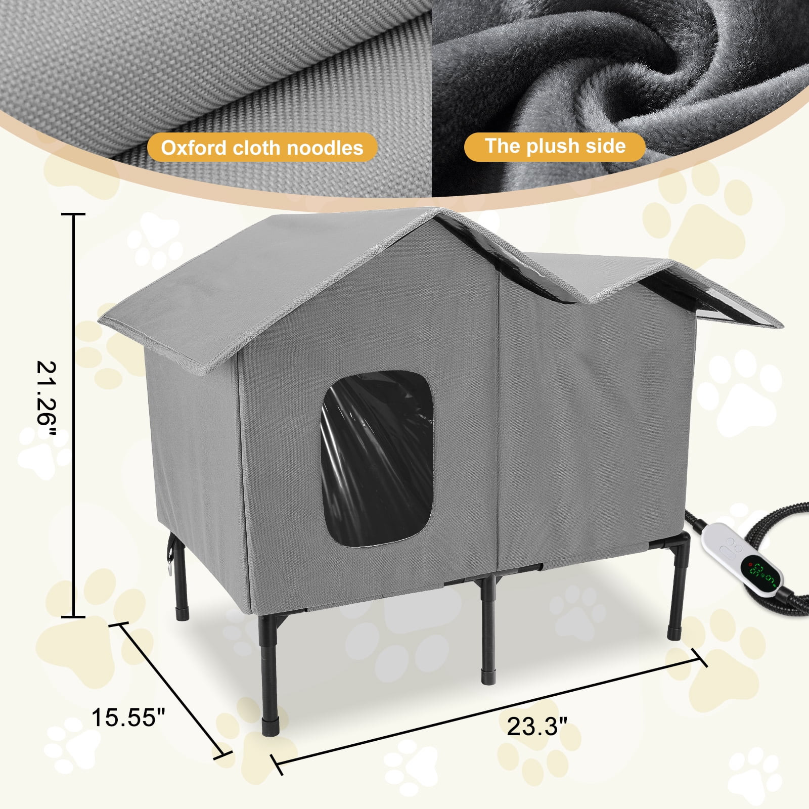 Heated Outdoor Cat House for Winter Weatherproof Insulated Oxford Cloth & Elevat