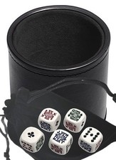 White Poker Dice Rounded Corners w/Pouch  PU Leather Dice Cup Black Felt Lined