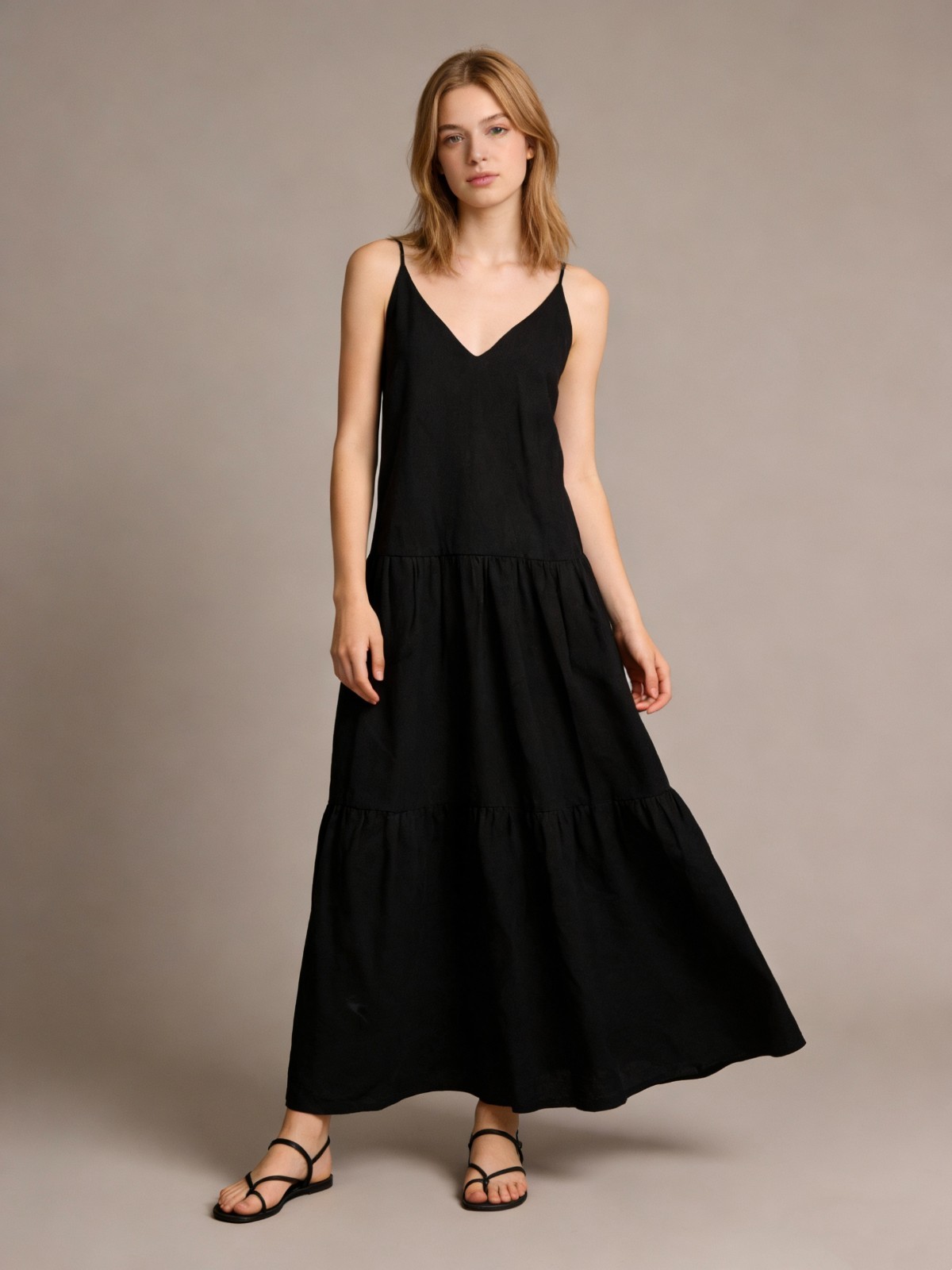 NWOT Farm Rio Linen Blend Black Sleeveless Layer Tiered Maxi Dress Size S