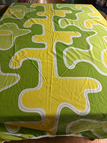 Vintage Abstract Green Yellow Fitted Sheet Mod Atomic Mid Century Fabric