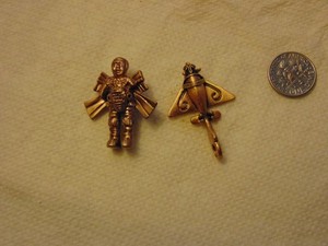 Lot of 2 Brass Spaceman Astronaut & Bug SpaceShip Plane Charm Pendant 1.25"
