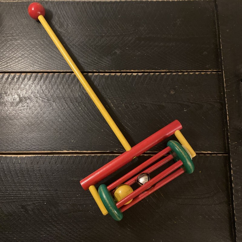 VTG Handmade Wood Painted Rolling Toddler Push Toy With Bell & Ball 1970s 9x20”