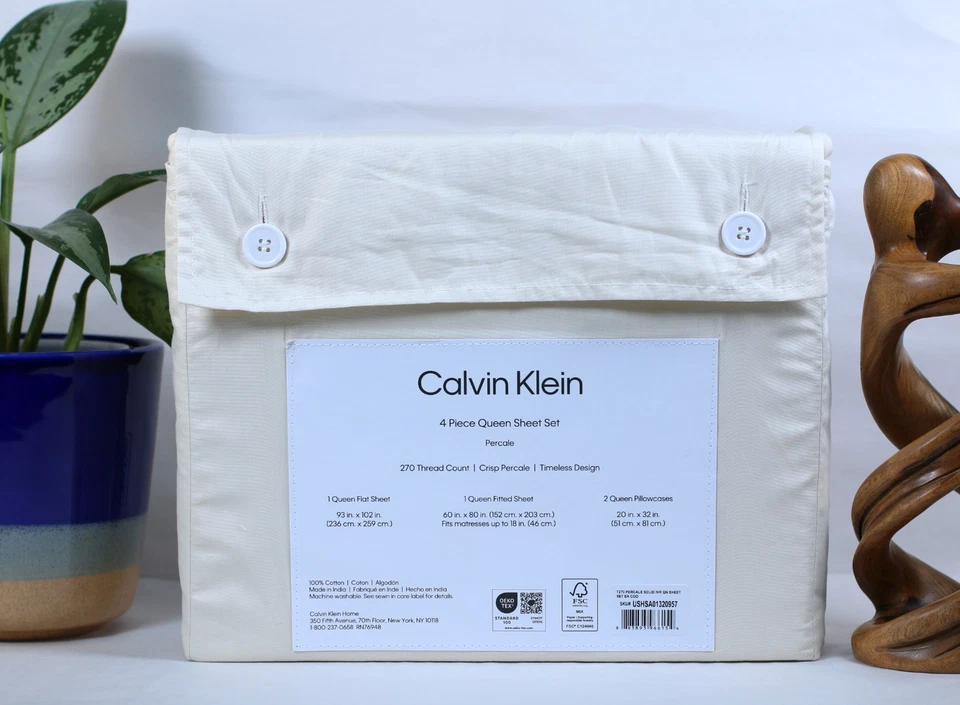 Простыни Calvin Klein цвета слоновой кости королевский набор из 4 предметов хрустящая перкаль 270TC 100% хлопок - Изображение 3 из 4