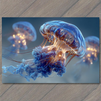 POSTCARD Glowing Jellyfish Ocean Deep Sea Luminescent Blue Ethereal Underwater M