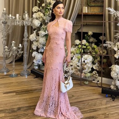 Mermaid Evening Dresses Lace Flower Pleat High Collar Long Bespoke Occasion Gown