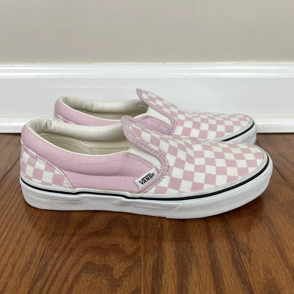 Pink and white checkered slip best sale on vans