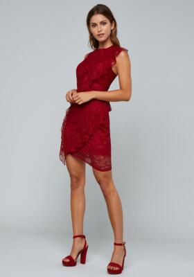 BEBE Red Lace Spiral Mini Dress Ruffle Size 2 Lined Valentines Romantic  Small | eBay