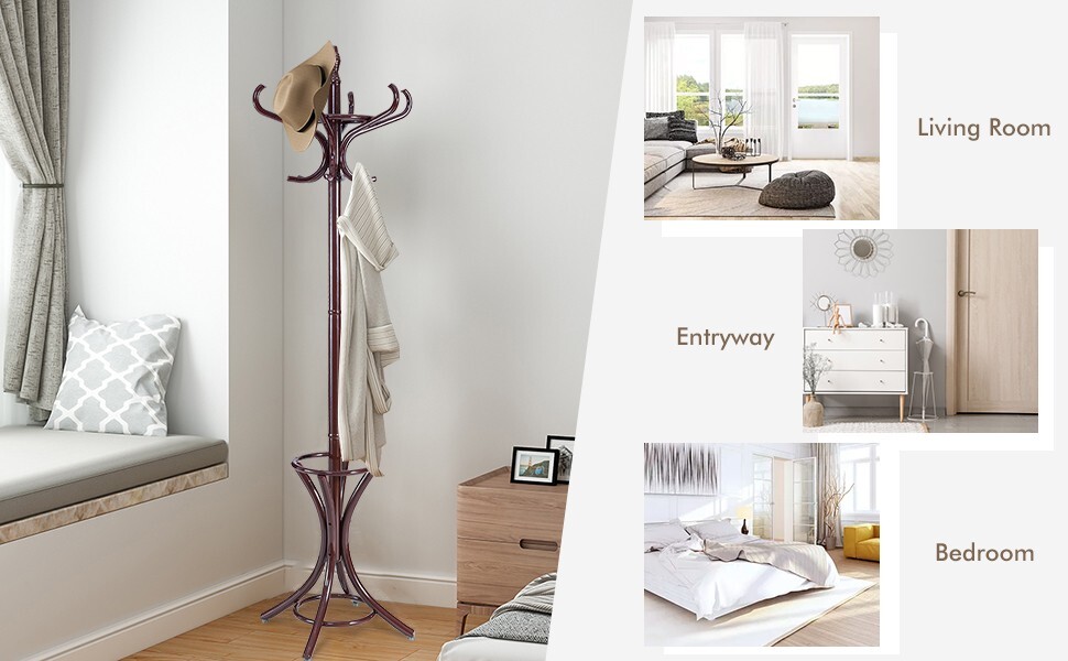 Wooden Standing Hat Coat Rack Tree Bag Hanger Tree 12 Hook Umbrella Stand Brown