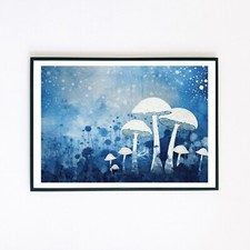 Pilz Cyanotypie Retro Gemälde Illustration 7x5 Wohndeko Wandkunstdruck