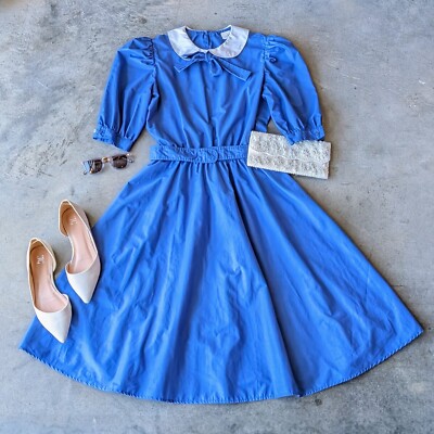 Vintage Blue White Peter Pan Collar Short Sleeve Belted Fit and Flare Dress  | eBay