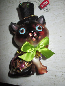 GLASS ORNAMENT SIAMESE MAD TOP HAT CAT SPRING GREEN BOW PUSSY FELINE TINSEL NEW