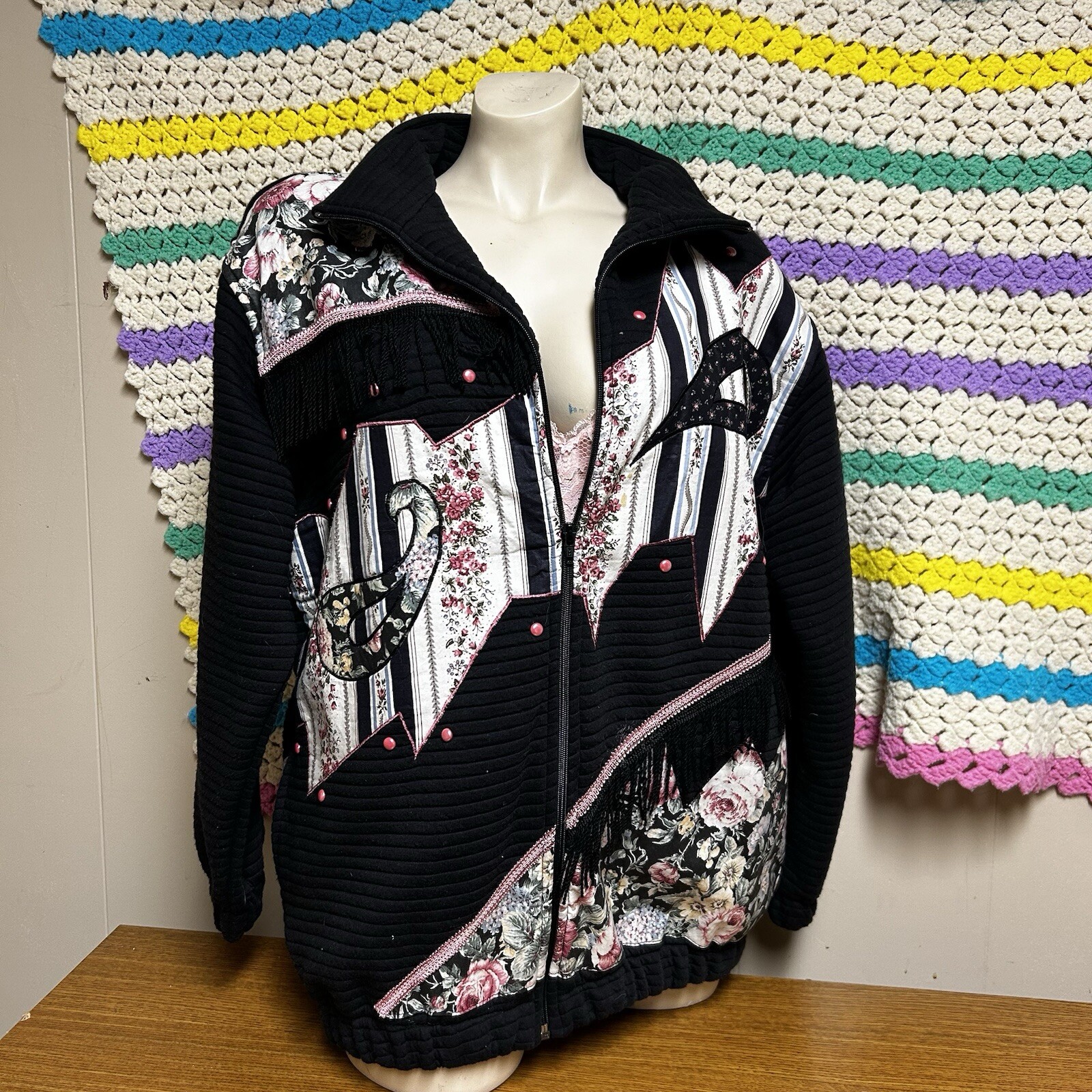 Western Patchwork Jacket Vtg Size Small Oversized… - image 1