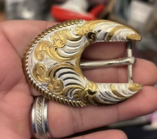 VINTAGE CRUMRINE 1980s TONGUE TYPE WESTERN SILVER GOLD Tone BELT BUCKLE