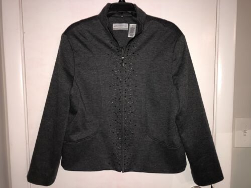 EUC Alfred Dunner Petite Women's Size 12 P Zip Front Blazer Jacket Gray Stud