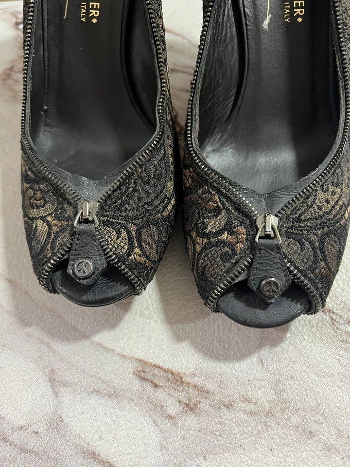 DONALD J PLINER ZEPPEL Black Brown Floral Fabric Zipper Trim Peep Toe Heels 7.5 Foto 3 de 4