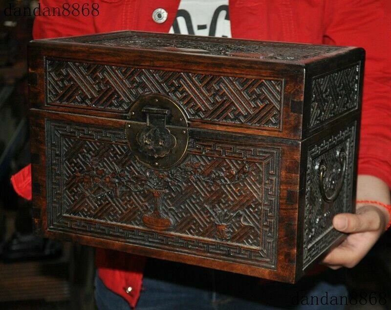 Antigua China Huanghuali Madera Tallada Rosa Flor Dinastía Joyero Cajas del Tesoro Foto 3 de 4