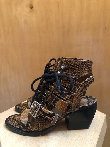 CHLOE Rylee Brown Snakeskin Print Leather Buckle Gladiator Sandal Heel 37.5/7.5 - Picture 2 of 7