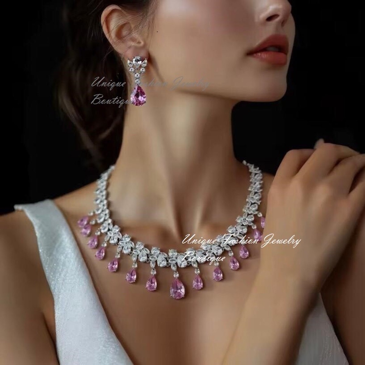 Lab-Created Pink Sapphire Necklace Earrings Bridal Jewelry 18k White Gold  Plated