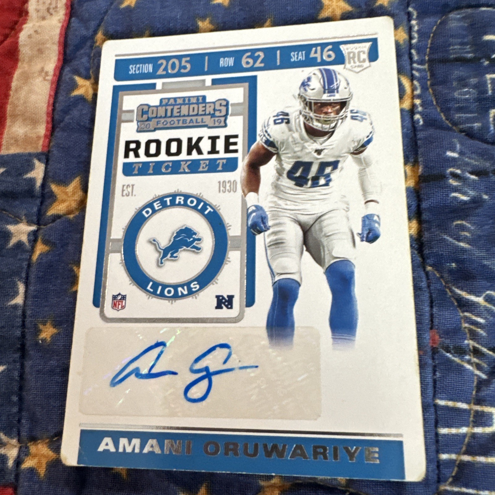 2019 Panini Contenders Amani Oruwariye Rookie Auto Autograph #142 AU RC