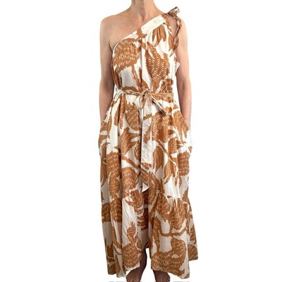 Adrift Size 2XL 18 Aus 14 US White Brown Leaf Print Jazz One Shoulder Dress NWT