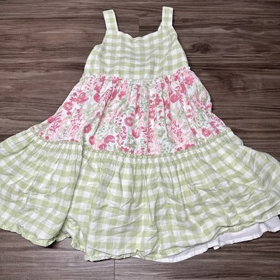 Rachel Zoe Girls Sz 7 Green White Gingham Floral Cotton Smocked Summer Sundress