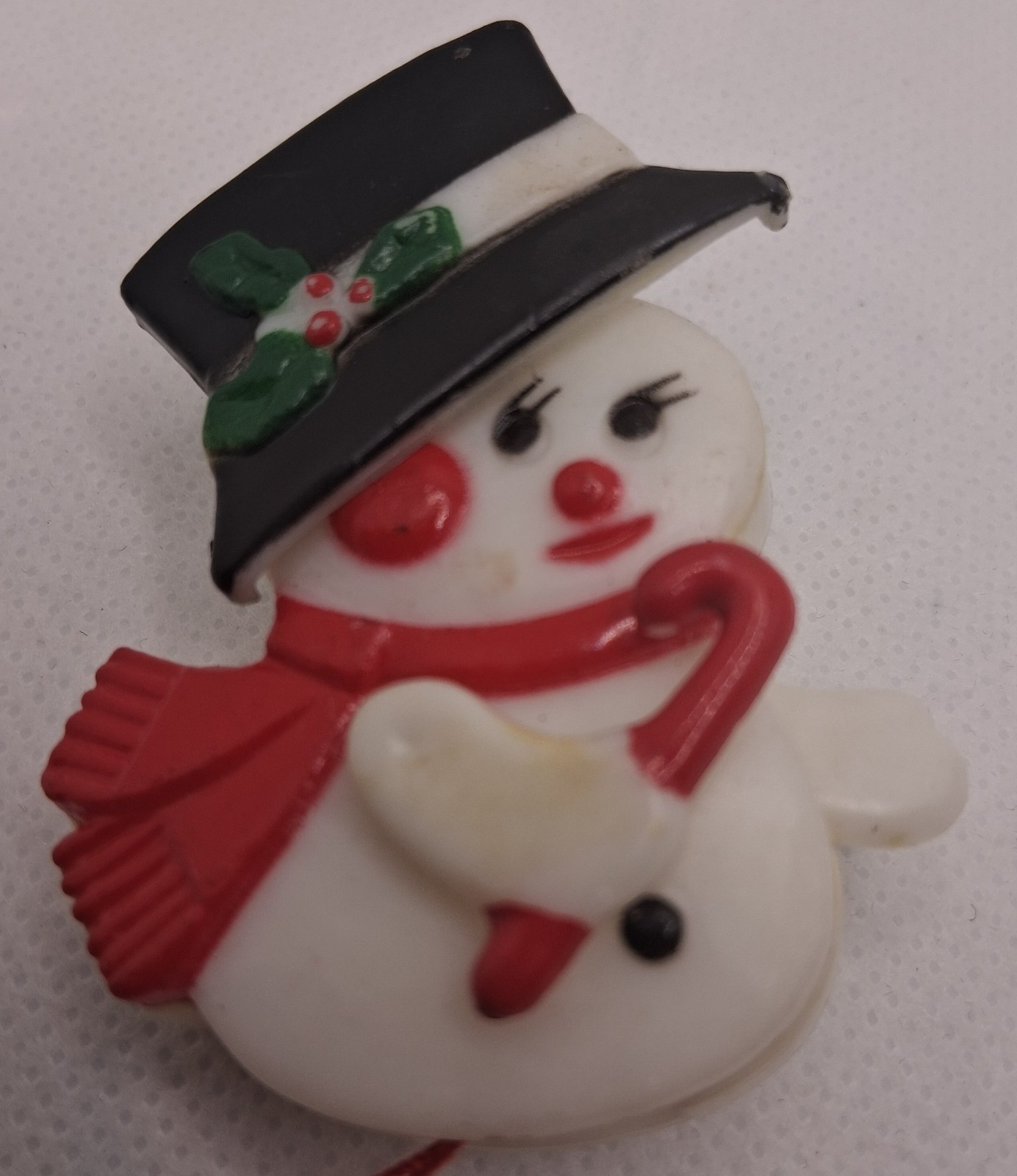 Vintage Plastic Snowman Christmas Pin Brooch Arms Hat Move Bell String Holiday