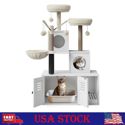 53.7'' Litter Box Enclosure with Cat Tree Tower, Hidden Cat Washroom Furniture