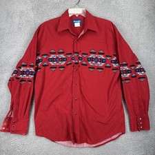 Wrangler Brushpopper Shirt Mens Large L/S Red Vintage Aztec Rodeo Pearl Snap